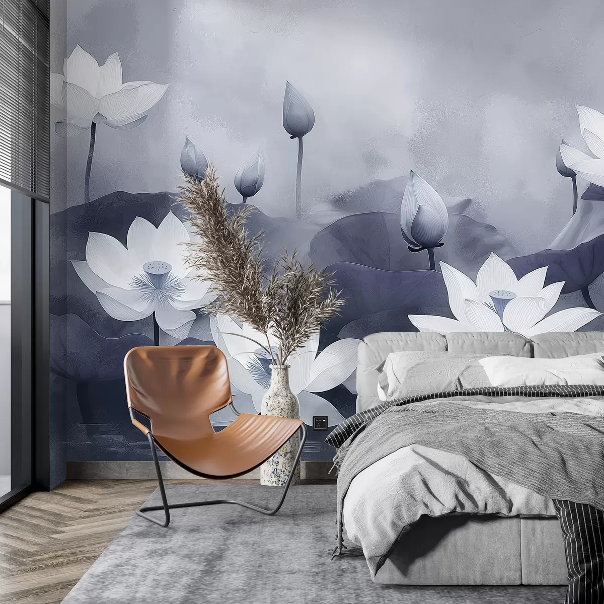 τοιχογραφίες Λωτοί στη λίμνη, φύση, ομίχλη, ακρυλικό σχέδιο, μεγάλα φύλλα, ζούγκλα, απαλά γκρι χρώματα w01450v1