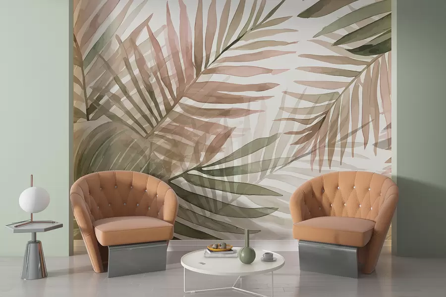 τοιχογραφίες Φύλλα ακουαρέλας φοίνικα σε διάφορες αποχρώσεις του πράσινου και του ροζ σε ανοιχτό φόντο w08218