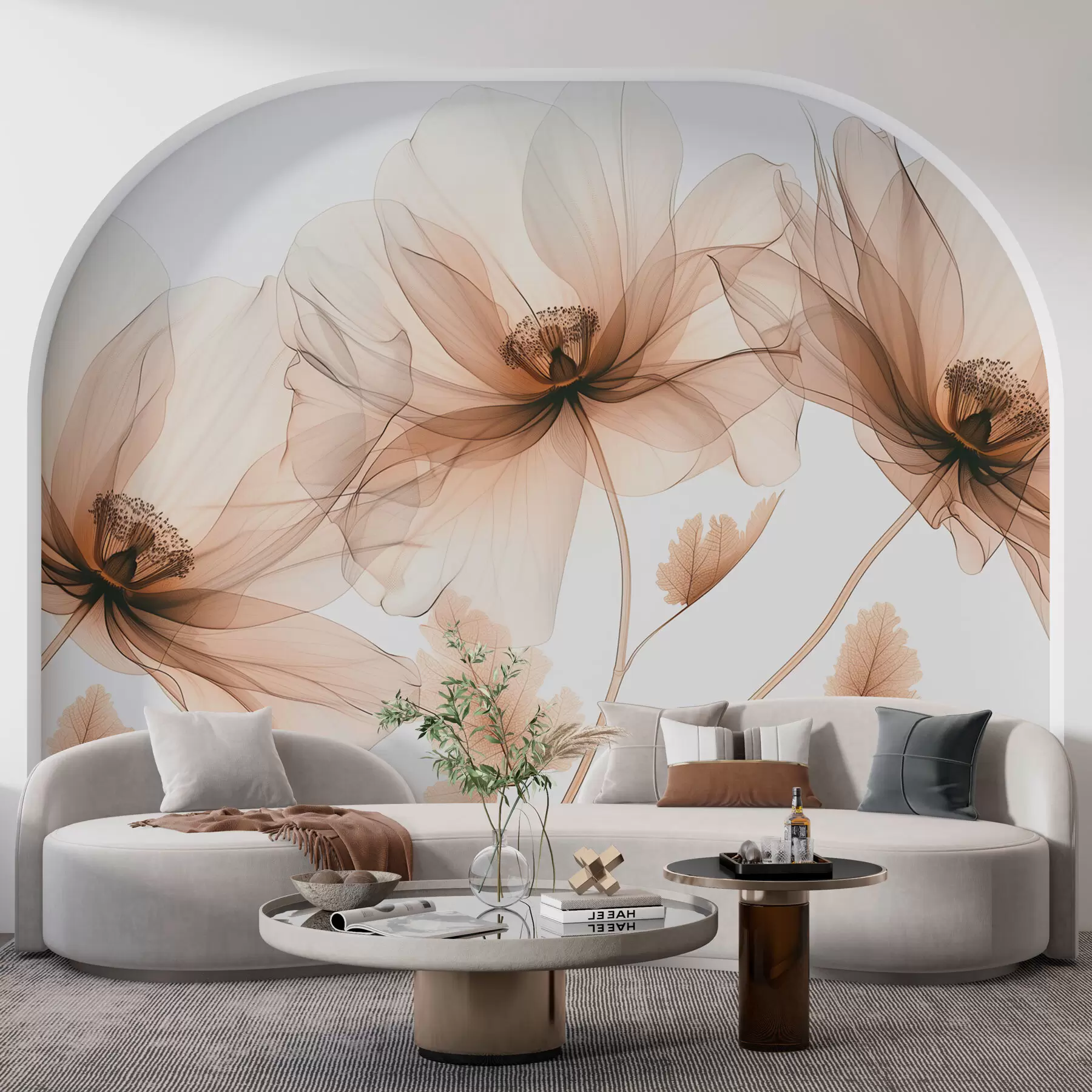 τοιχογραφίες Λεπτό διαφανές λουλούδι σε στυλ ακτίνων Χ σε λευκό φόντο Μινιμαλιστικό μονόχρωμο βοτανικό σχέδιο w01482