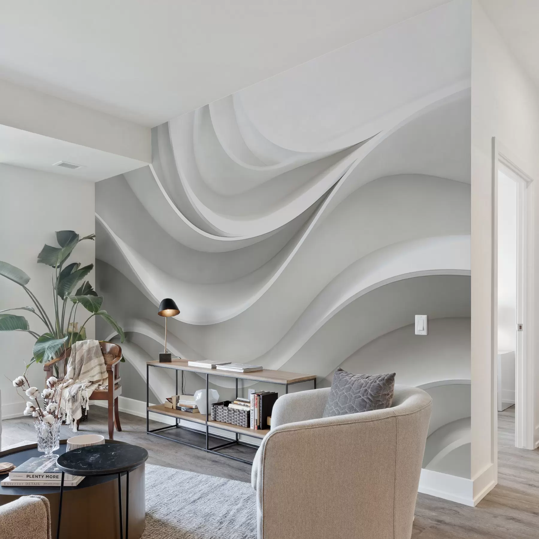 τοιχογραφίες Λευκό τρισδιάστατο ογκομετρικό αφηρημένο σχήμα κυμάτων w01471