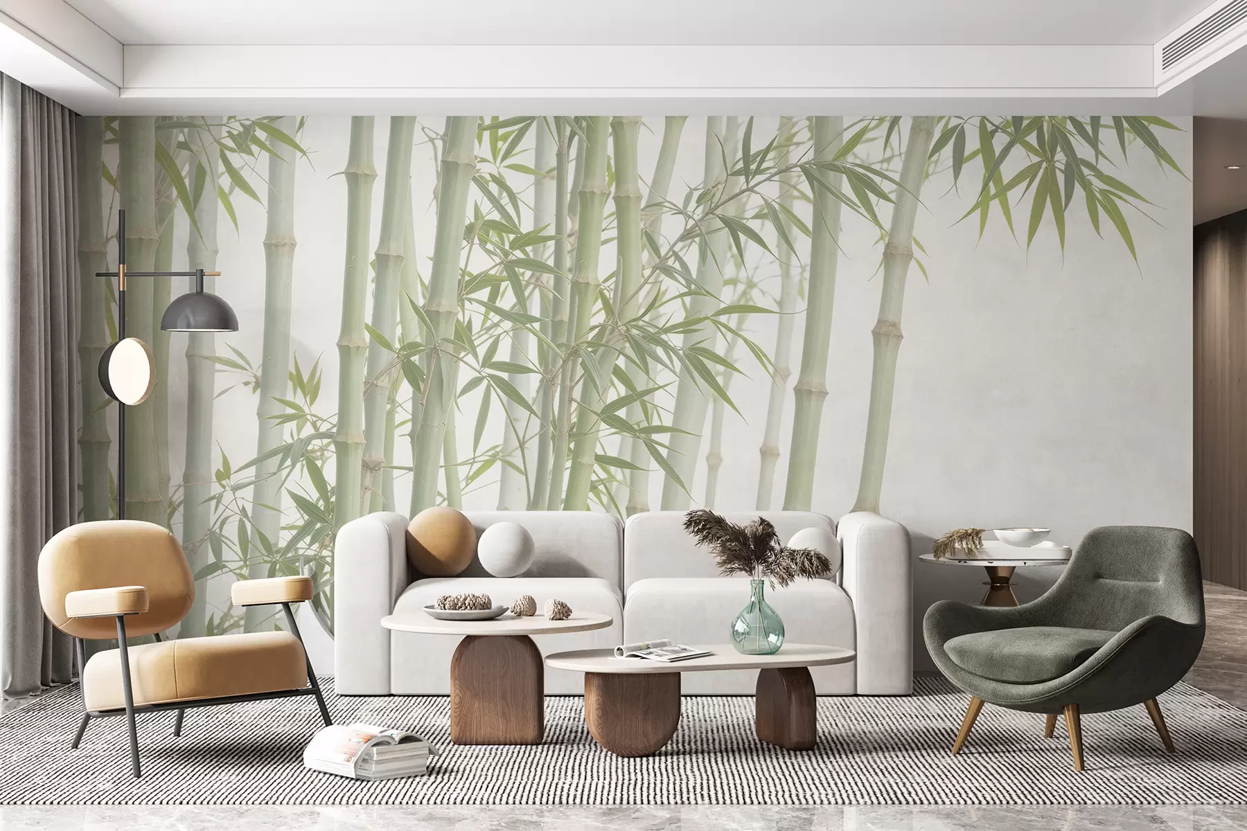 τοιχογραφίες Ένα πυκνό δάσος μπαμπού με ψηλούς μίσχους μπαμπού και πράσινα φύλλα σε ένα απαλό, μουντό φόντο w08237