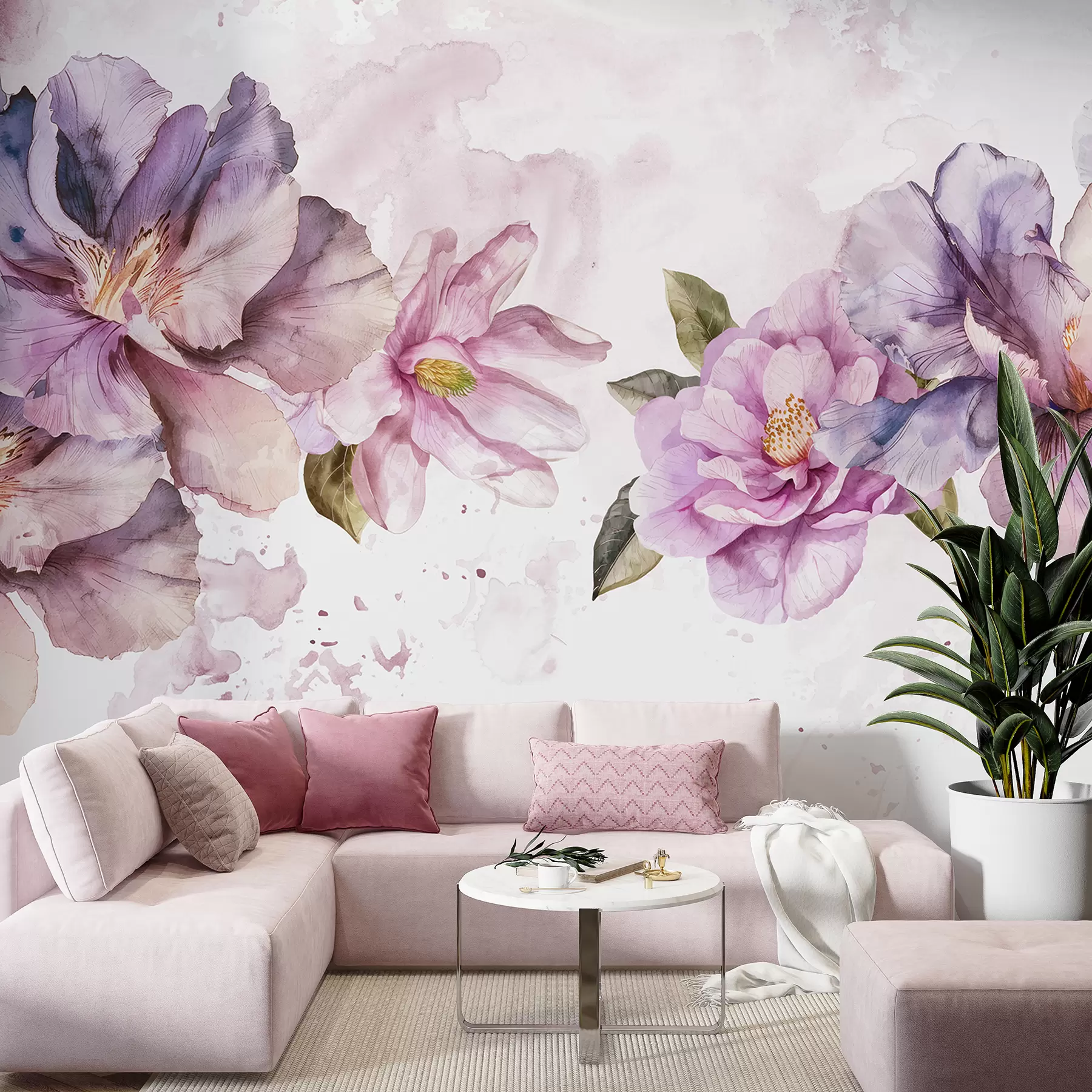 τοιχογραφίες Λεπτά ροζ και μωβ λουλούδια ακουαρέλας με απαλά πέταλα και πράσινα φύλλα σε ανοιχτόχρωμο φόντο w08238