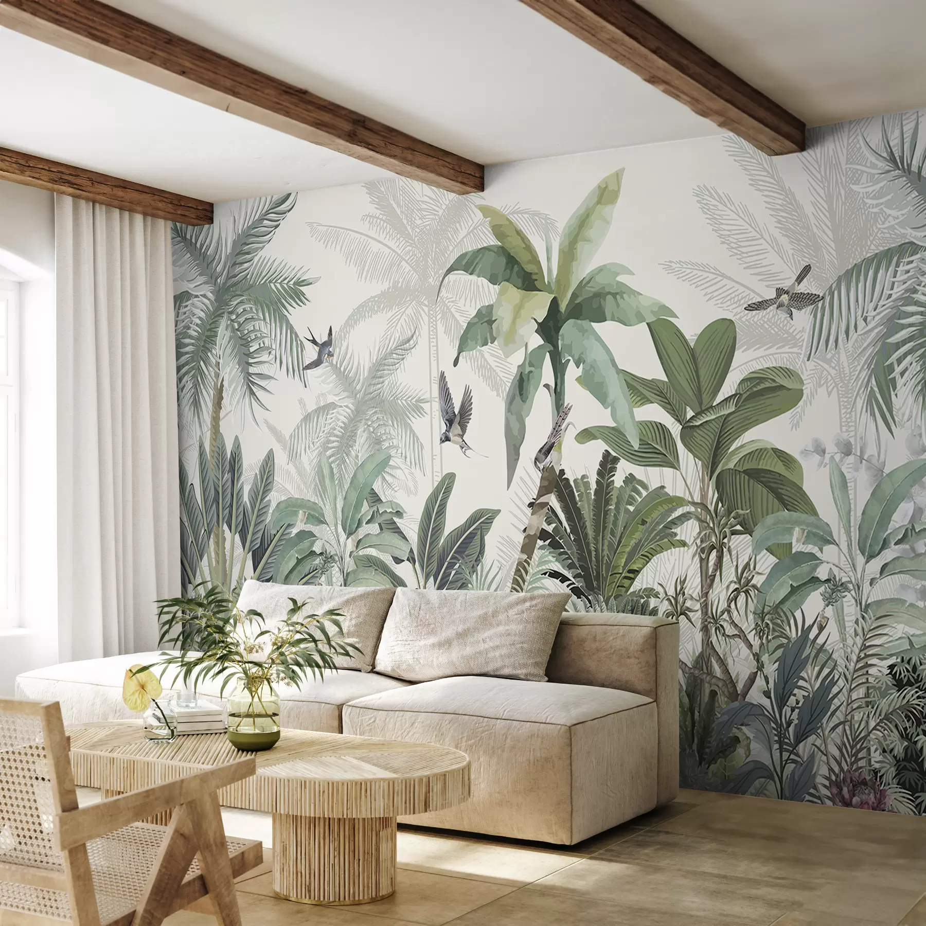 τοιχογραφίες Μια πλούσια τροπική σκηνή ζούγκλας με διάφορους φοίνικες, μεγάλα φύλλα και πολύχρωμα λουλούδια στο προσκήνιο w08239