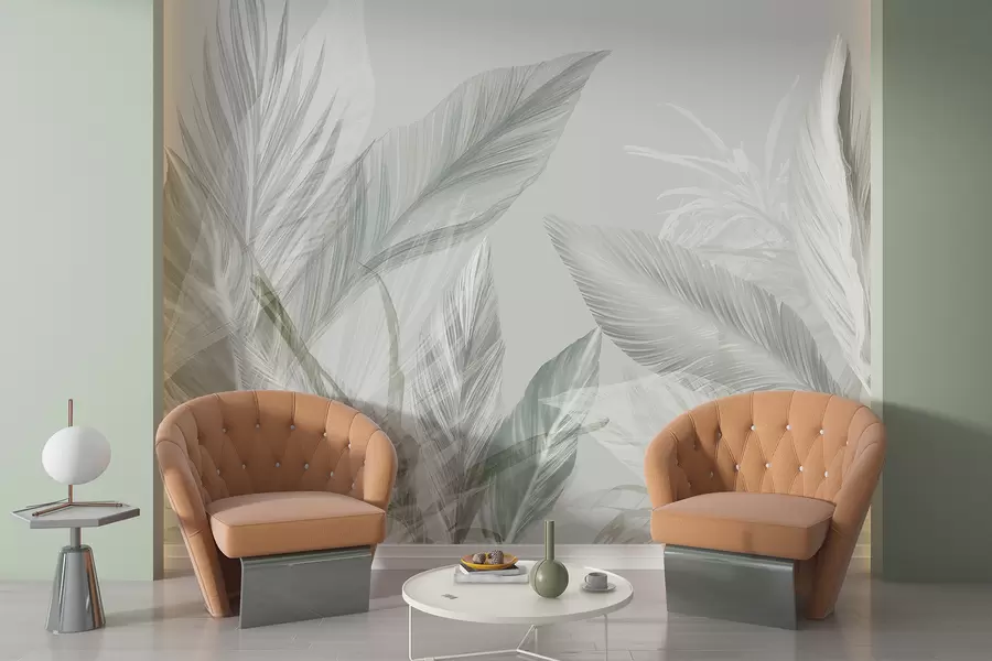 τοιχογραφίες Απαλά λευκά, πράσινα και γκρι φτερά και τροπικά φύλλα που επιπλέουν σε ανοιχτόχρωμο φόντο w08241