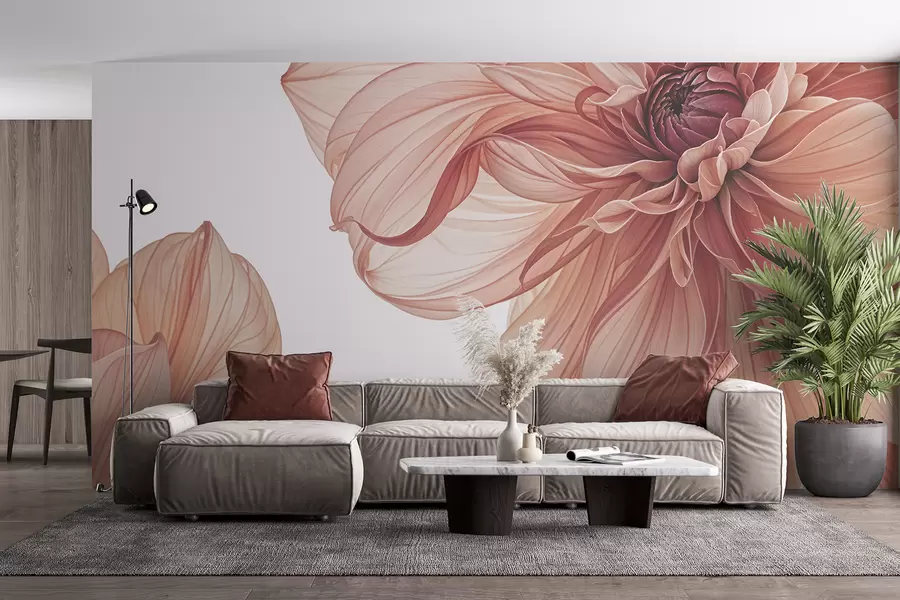 τοιχογραφίες Κοντινή άποψη πολλών μεγάλων, ζωηρών κόκκινων λουλουδιών ντάλιας με απαλά, λεπτά πέταλα σε λευκό φόντο w08257