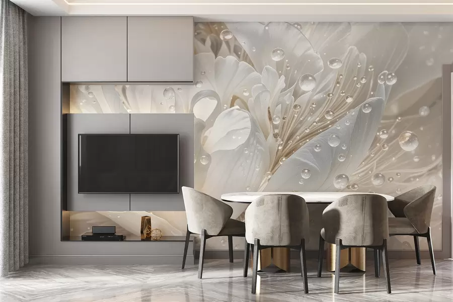 τοιχογραφίες Κοντινό πλάνο ενός λευκού λουλουδιού παιώνιας με λεπτά πέταλα και σταγόνες νερού w08262