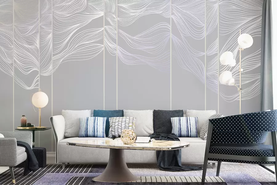 τοιχογραφίες Ρευστά λευκά αφηρημένα κύματα γραμμής σε ανοιχτό γκρι φόντο w08263v1