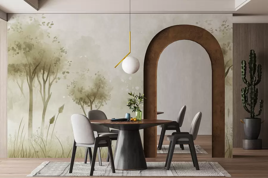 τοιχογραφίες Ακουαρέλα δάσος με γρασίδι και δέντρα, πράσινο χρώμα w01546v1