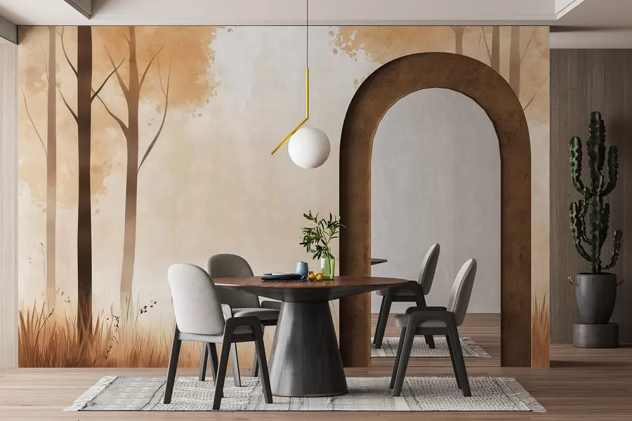 τοιχογραφίες Ακουαρέλα δάσος, ομίχλη, δέντρα, γρασίδι, φυσικό τοπίο, μπεζ χρώμα w01563