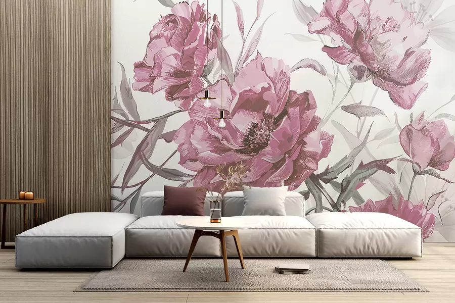 τοιχογραφίες Ροζ παιώνιες ζωγραφική με πλούσιο φύλλωμα σε ένα ελαφρύ αφηρημένο φόντο  w08274