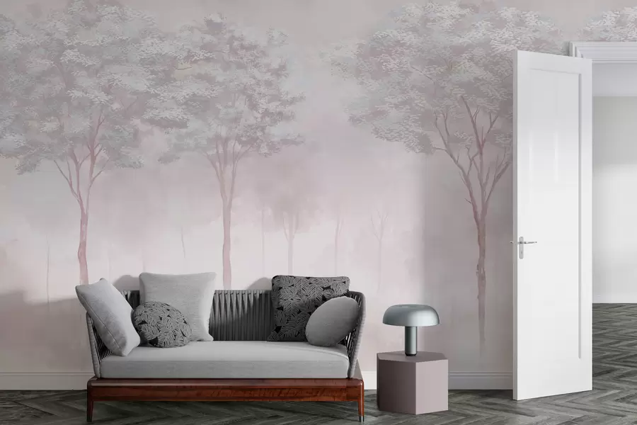 τοιχογραφίες Θολή σιλουέτα δάσους σε απαλό ροζ χρώμα w01599v1