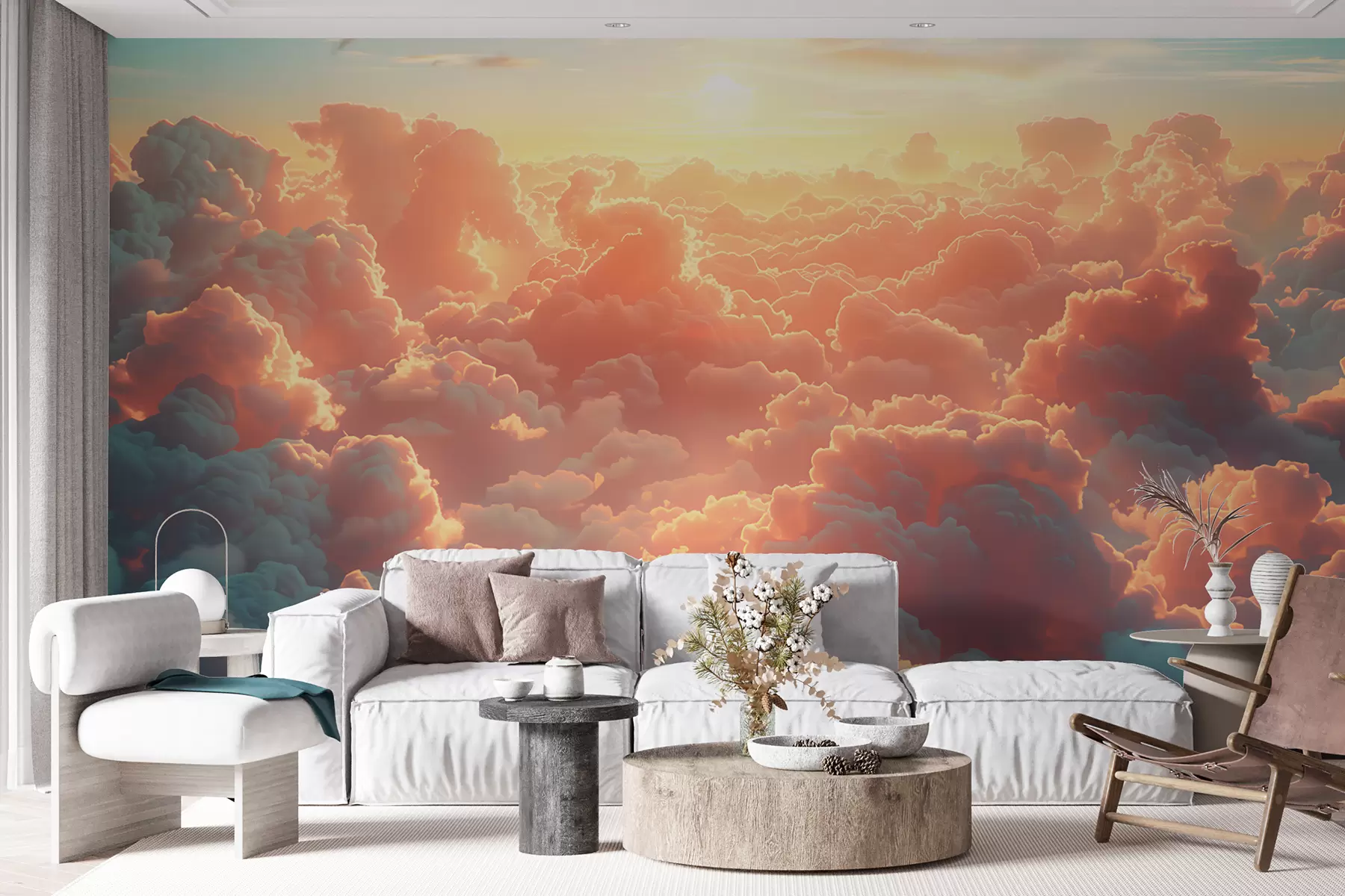 τοιχογραφίες Φωτεινός ουρανός με πολλά σύννεφα στον ουρανό σε ζεστά χρώματα w01539