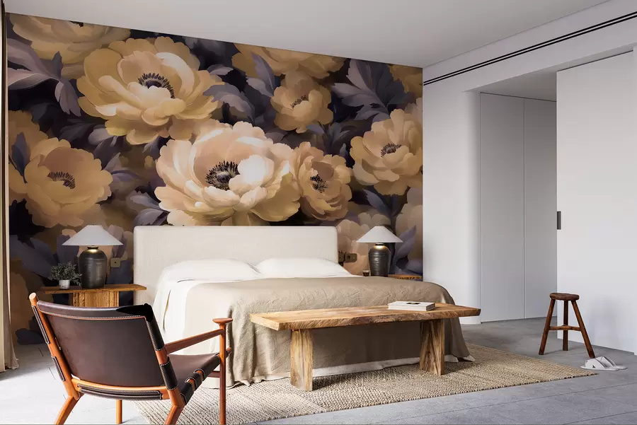 τοιχογραφίες Floral στυλ ζωγραφικής πετρελαίου με βάση το μπεζ και μοβ χρώμα w01581
