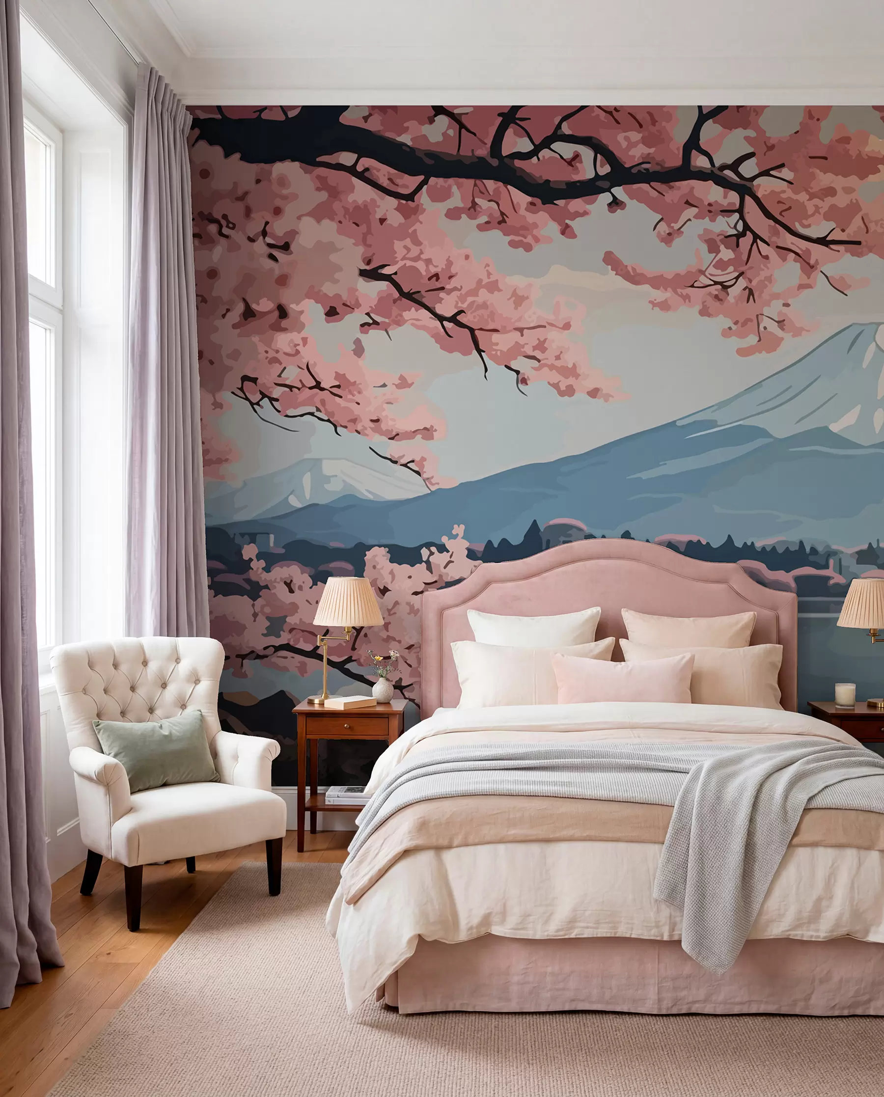 τοιχογραφίες Sakura, βουνά, ακουαρέλα w01664