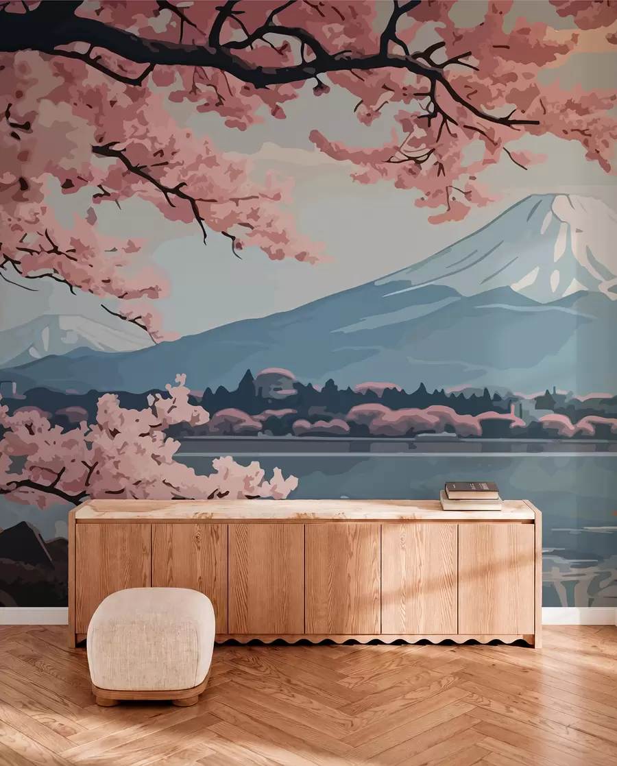 τοιχογραφίες Sakura, βουνά, ακουαρέλα w01664
