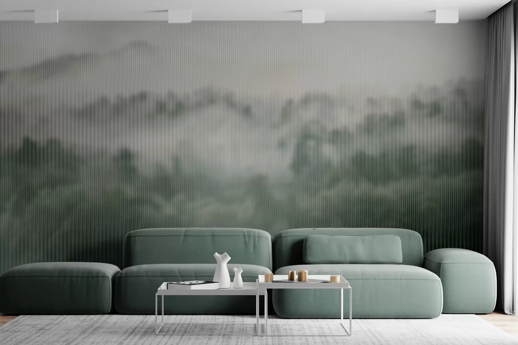 τοιχογραφίες πράσινο ομιχλώδες δάσος πίσω από το γυαλί w01678