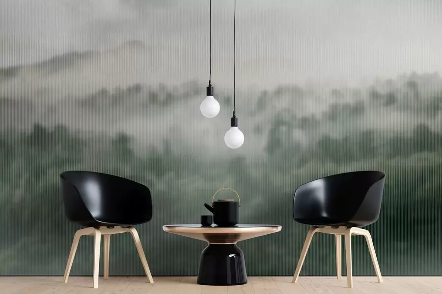 τοιχογραφίες πράσινο ομιχλώδες δάσος πίσω από το γυαλί w01678