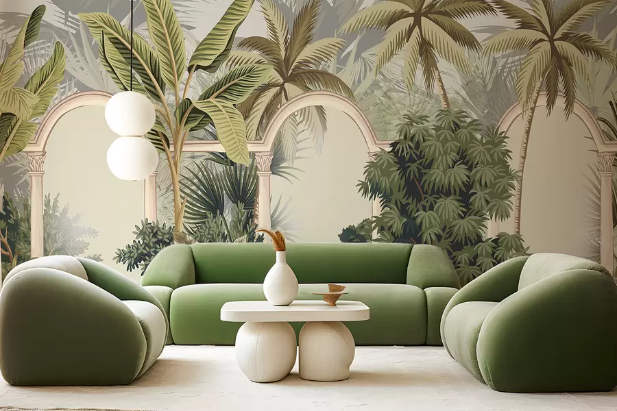 τοιχογραφίες Καμάρες με τροπικό τοπίο, πλούσια φοινικόδεντρα και άλλα φυλλώματα σε ελαφρύ φόντο w08306