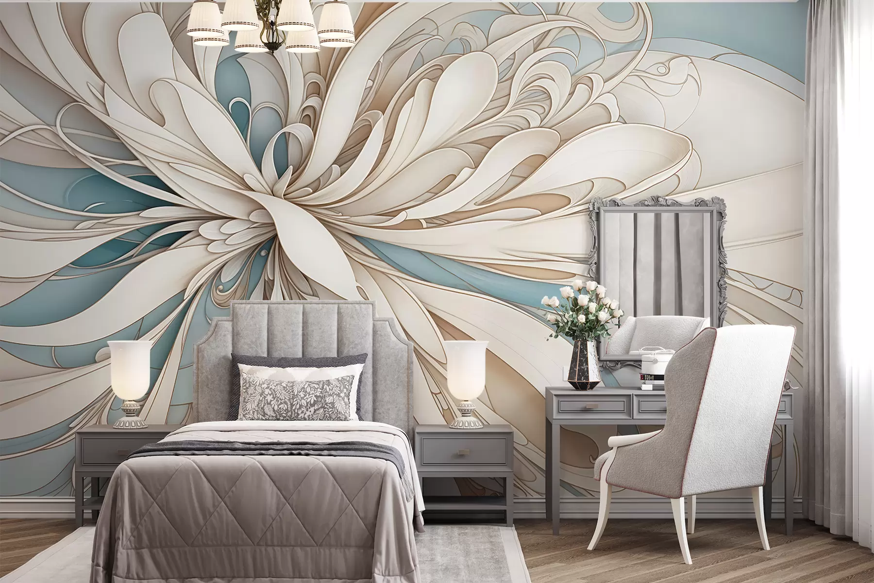 τοιχογραφίες Αφηρημένο φλοράλ μοτίβο με στροβιλισμένα, οργανικά σχήματα σε αποχρώσεις του μπεζ, του μαύρου και του μπλε με ανοιχτό φόντο w08311