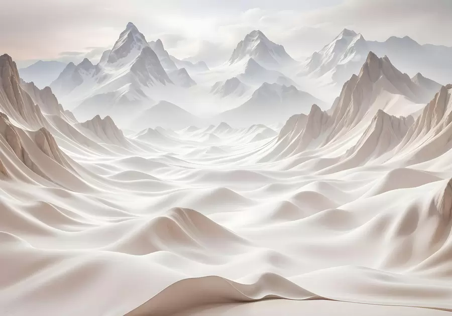 τοιχογραφίες Χιονισμένες βουνοκορφές που αναδύονται από ένα ομιχλώδες, αιθέριο τοπίο με κυλιόμενους λόφους και κοιλάδες w08313