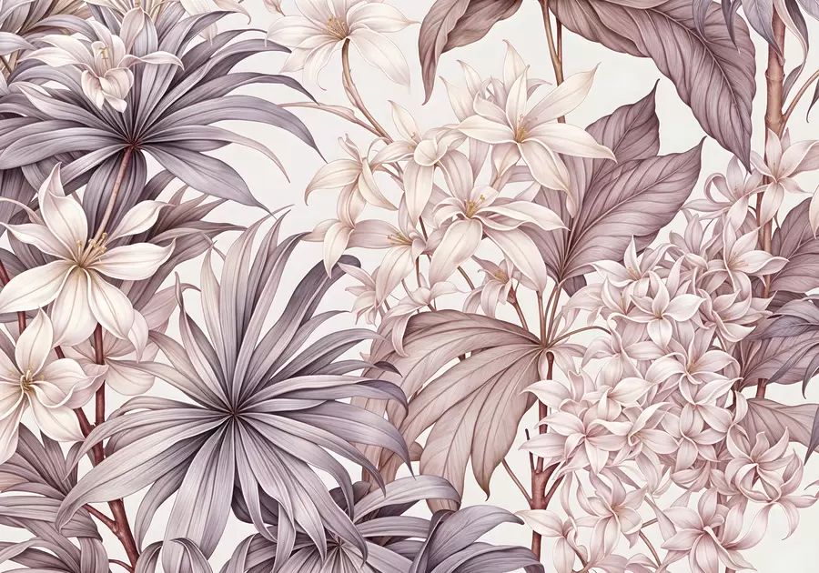 τοιχογραφίες Ένα τροπικό floral print με μεγάλα λευκά και ανοιχτό ροζ λουλούδια, φύλλα μπορντό και ουδέτερο φόντο w08318v1