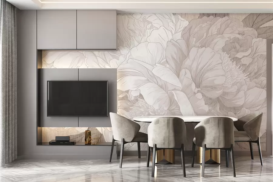 τοιχογραφίες Μεγάλα λουλούδια παιώνιας σε μπεζ αποχρώσεις με υφή w01141