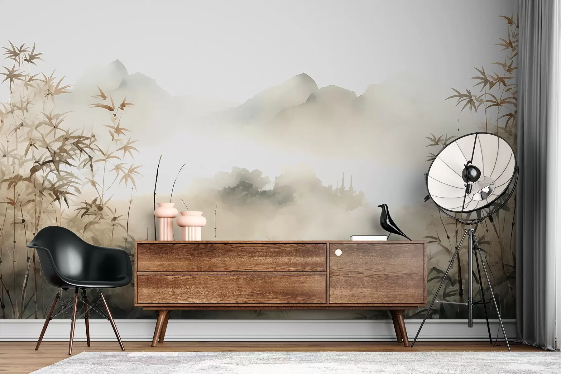 τοιχογραφίες Μπαμπού δίπλα στη λίμνη με βουνά στην ομίχλη στο φόντο υγρή υδατογραφία w01862