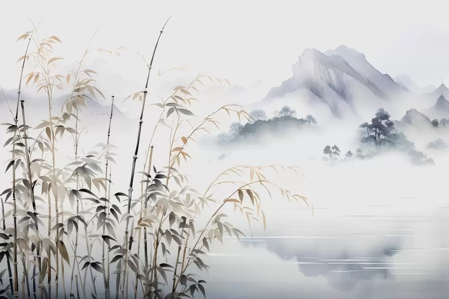 τοιχογραφίες Υγρή ακουαρέλα στελέχη μπαμπού σε ορεινό φόντο w01864