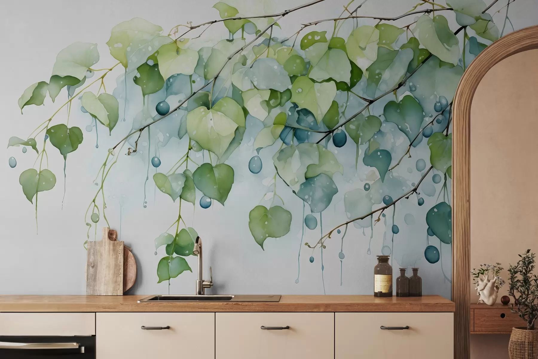 τοιχογραφίες Κλαδί με φύλλα υγρή ακουαρέλα w01870