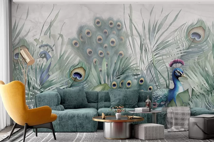 τοιχογραφίες Ένα ζευγάρι πολύχρωμα παγώνια που περιβάλλεται από πλούσιο πράσινο φύλλωμα ακουαρέλας και ζωηρά λουλούδια σε γκρι φόντο w08345