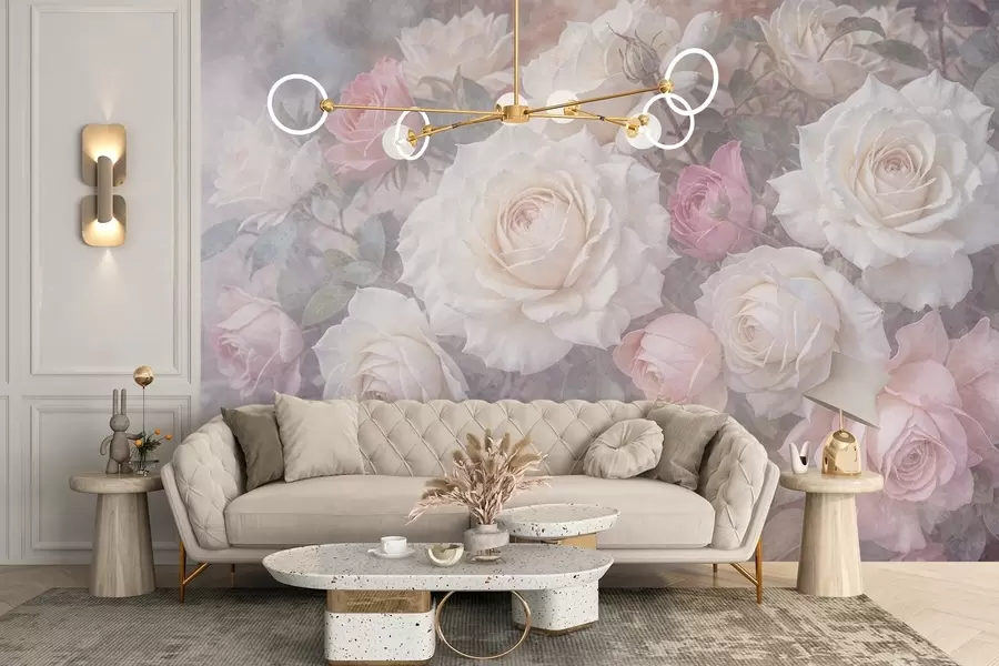 τοιχογραφίες Μαλακά, παστέλ τριαντάφυλλα και παιώνιες σε θολό, ομιχλώδες γκρι φόντο με υφή w08352