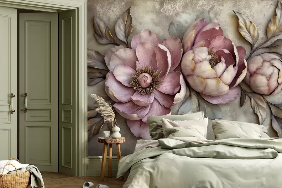 τοιχογραφίες Floral μωβ παιώνιες με φύλλα και πέταλα σε απαλά παστέλ χρώματα, vintage στυλ w01825