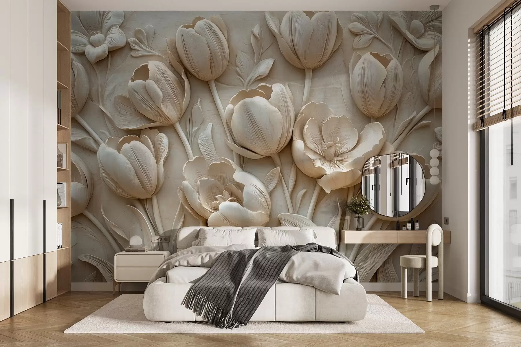 τοιχογραφίες 3D floral art με χαριτωμένες τουλίπες σε μπεζ χρώμα w01851