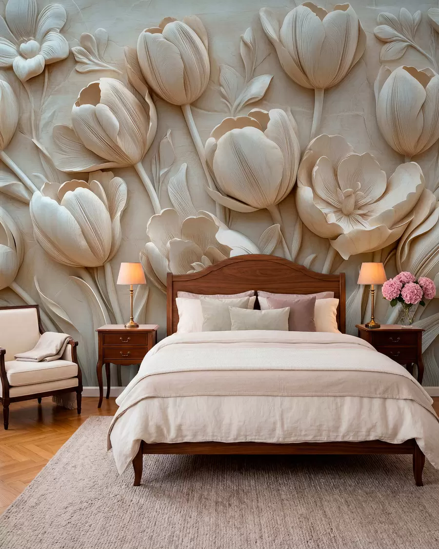 τοιχογραφίες 3D floral art με χαριτωμένες τουλίπες σε μπεζ χρώμα w01851
