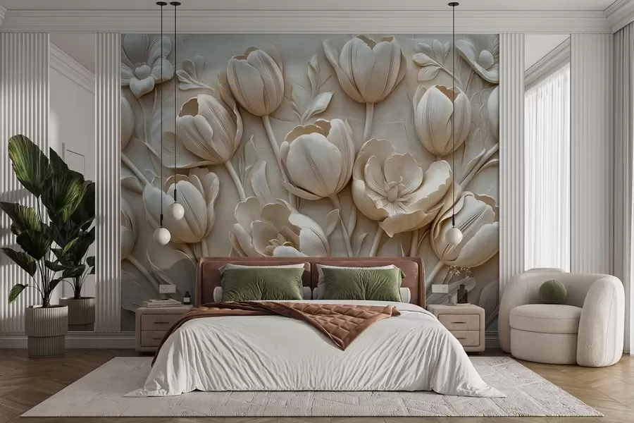 τοιχογραφίες 3D floral art με χαριτωμένες τουλίπες σε μπεζ χρώμα w01851