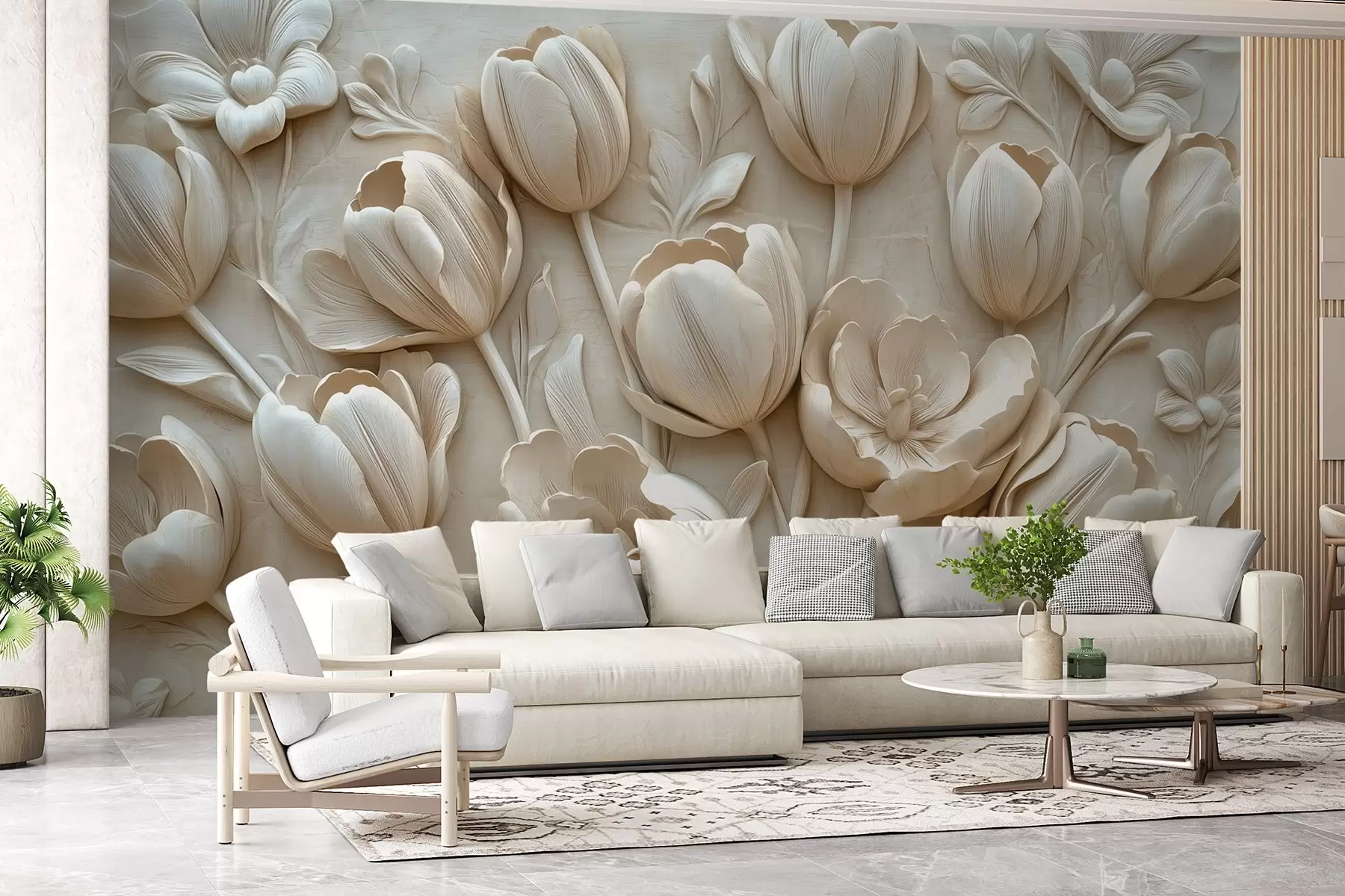 τοιχογραφίες 3D floral art με χαριτωμένες τουλίπες σε μπεζ χρώμα w01851