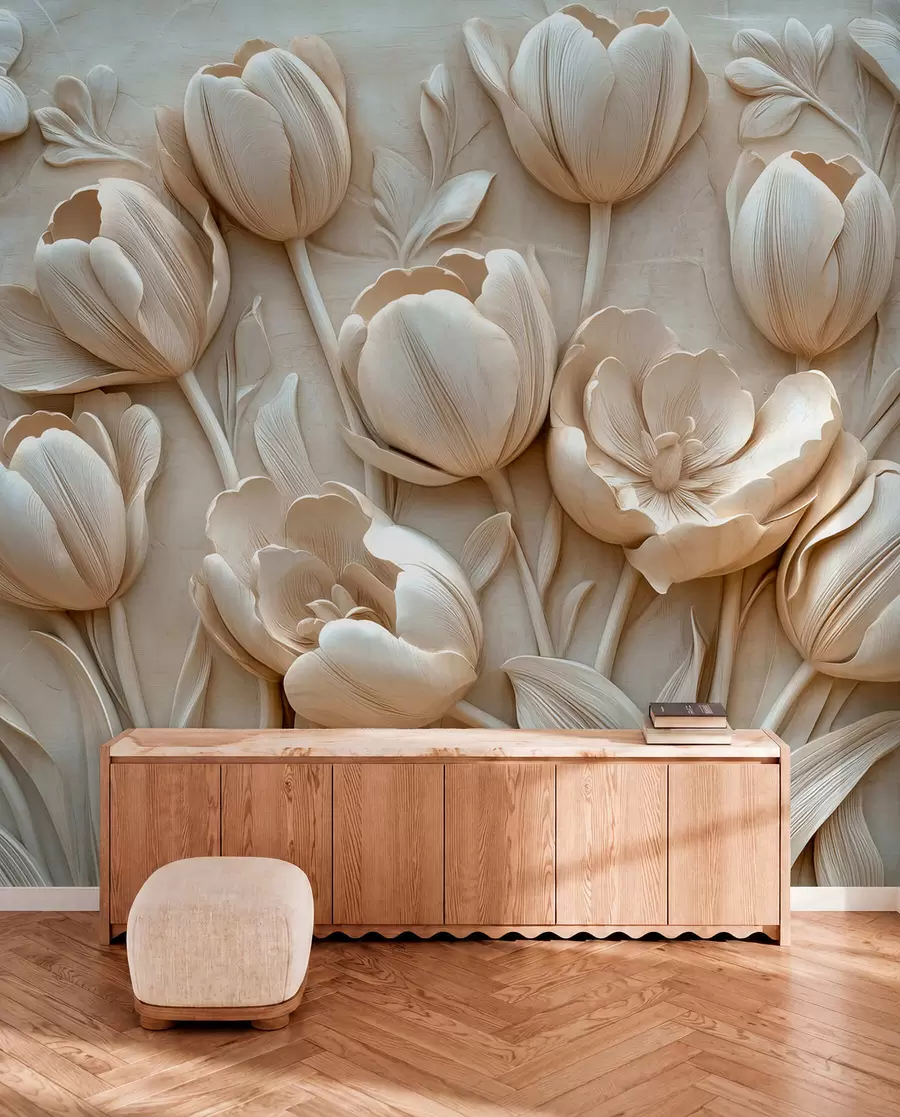 τοιχογραφίες 3D floral art με χαριτωμένες τουλίπες σε μπεζ χρώμα w01851
