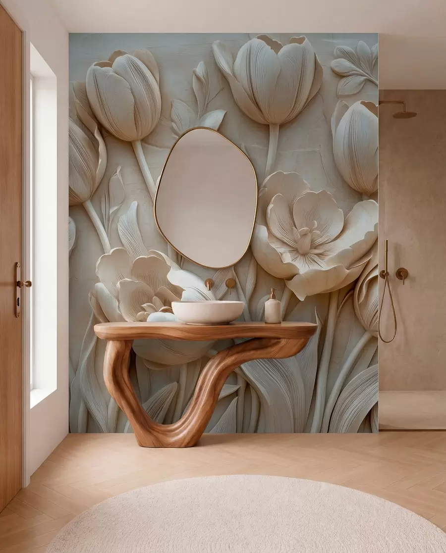 τοιχογραφίες 3D floral art με χαριτωμένες τουλίπες σε μπεζ χρώμα w01851