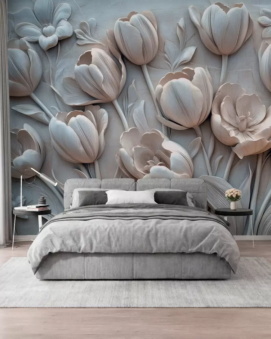 τοιχογραφίες 3D floral art με χαριτωμένες τουλίπες σε γκρι χρώμα w01851v1