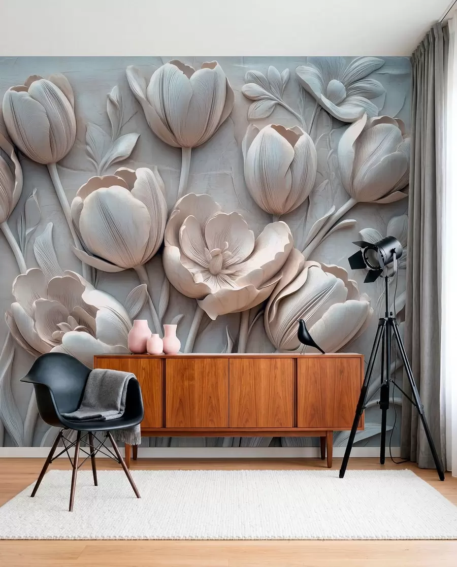 τοιχογραφίες 3D floral art με χαριτωμένες τουλίπες σε γκρι χρώμα w01851v1