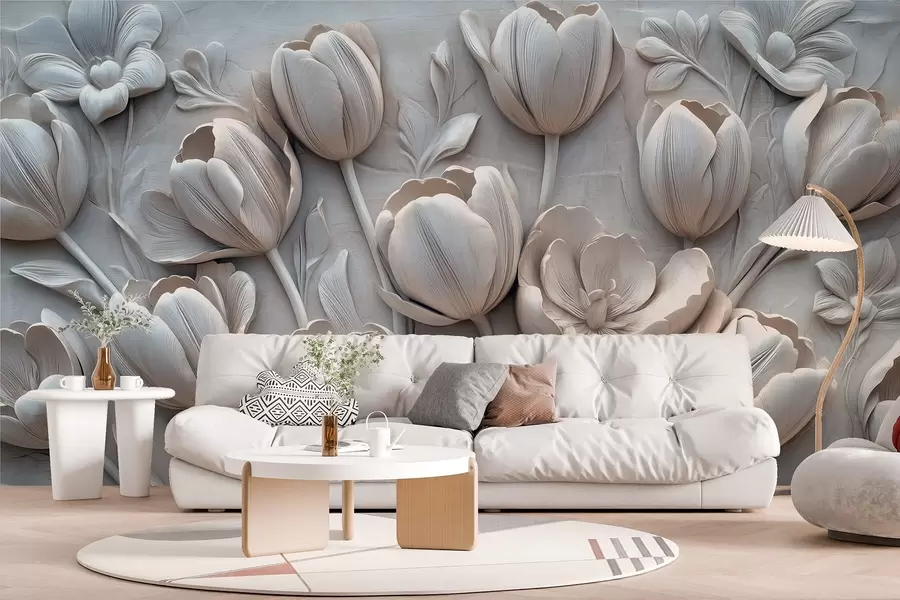 τοιχογραφίες 3D floral art με χαριτωμένες τουλίπες σε γκρι χρώμα w01851v1