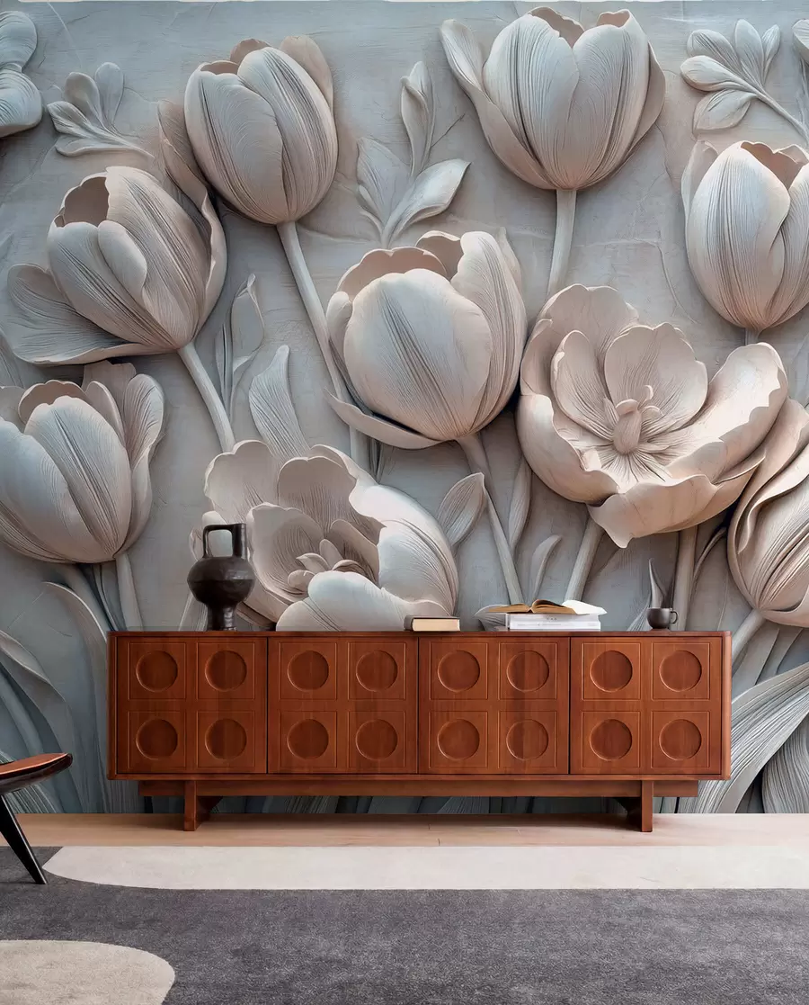 τοιχογραφίες 3D floral art με χαριτωμένες τουλίπες σε γκρι χρώμα w01851v1