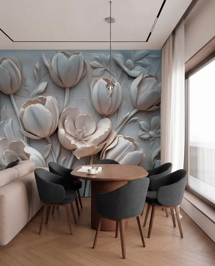 τοιχογραφίες 3D floral art με χαριτωμένες τουλίπες σε γκρι χρώμα w01851v1