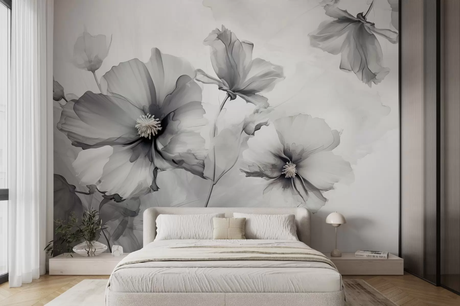 τοιχογραφίες Αέρινα ημιδιαφανή γκρίζα λουλούδια που διαλύονται στο πρωινό φως w01938