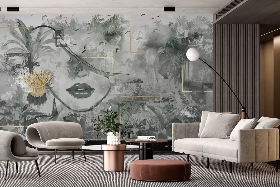 τοιχογραφίες Grunge τροπικό δάσος και σιλουέτα προσώπου κοριτσιού w01916