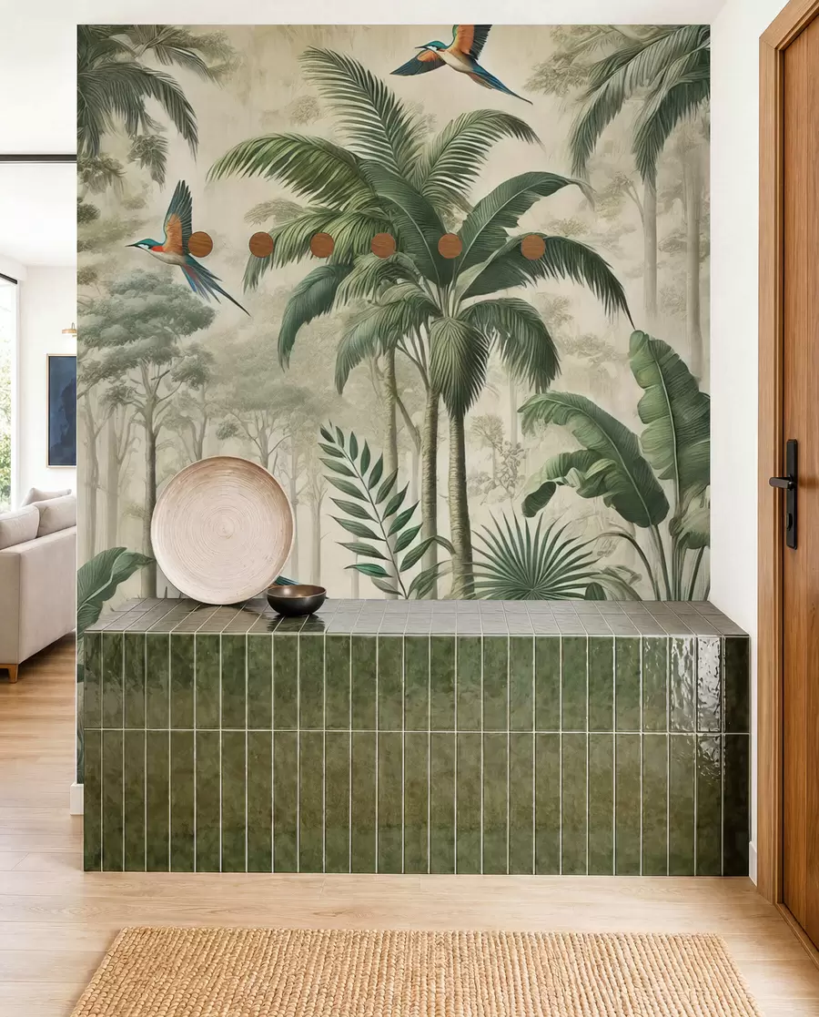 τοιχογραφίες Πανόραμα με τροπικό τοπίο και πουλιά w01957