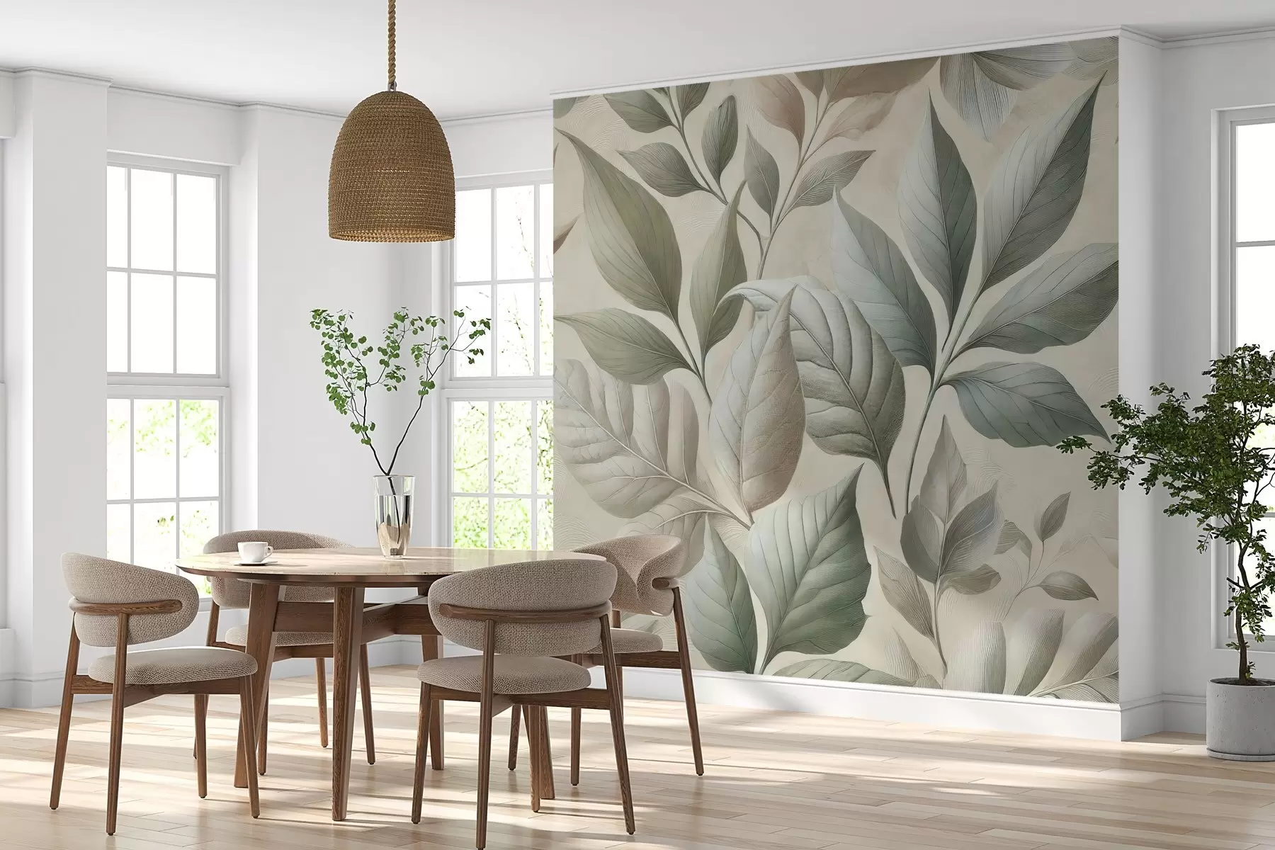 τοιχογραφίες Εξαιρετικό μοτίβο με μεγάλα φύλλα σε κομψές κρεμ και μπεζ αποχρώσεις w01959