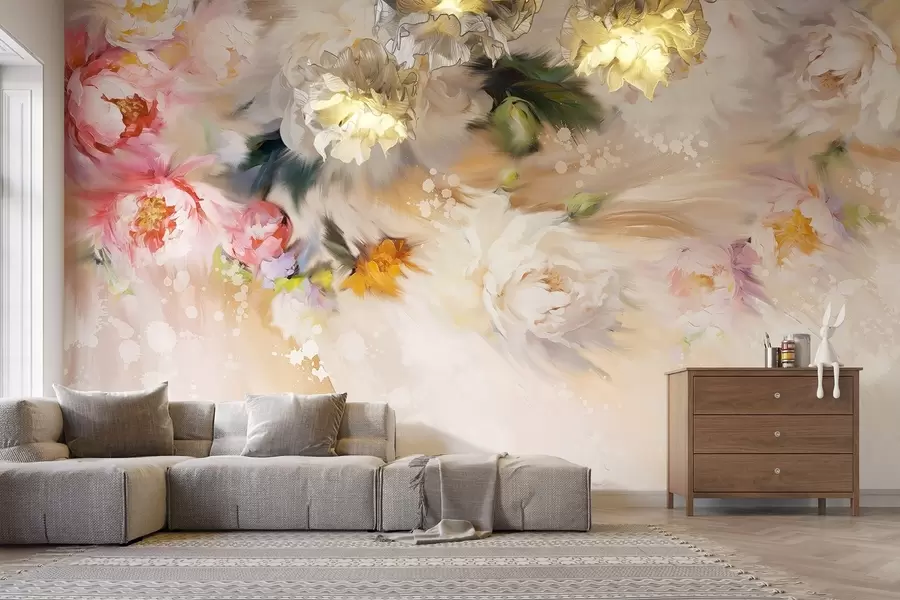 τοιχογραφίες Ακρυλικά παιώνιες, πινελιές με πινέλο, floral, απαλά παστέλ μπεζ χρώματα w02021v2