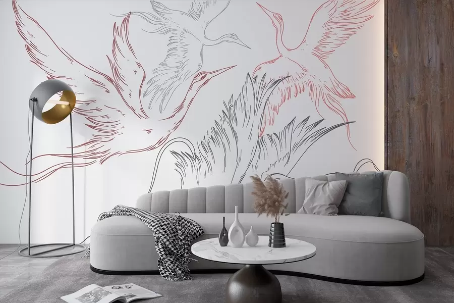 τοιχογραφίες Πουλιά που πετούν, μινιμαλισμός, γραμμική τέχνη, φύση, γκρι και κόκκινα χρώματα w02061v1