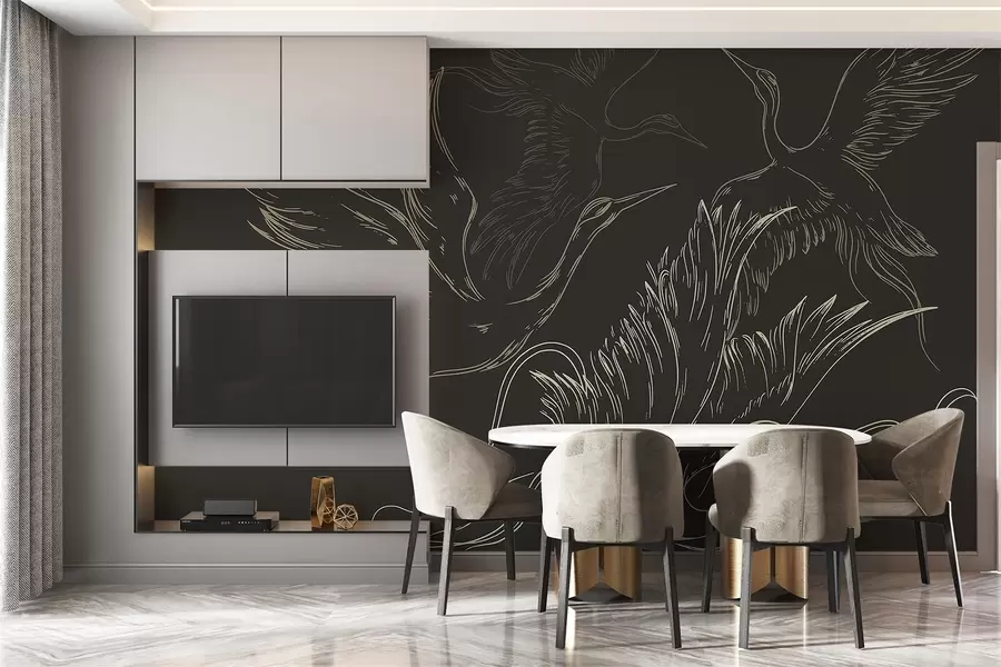 τοιχογραφίες Πουλιά που πετούν, μινιμαλισμός, γραμμή τέχνης, φύση, σκοτεινό φόντο w02061v3